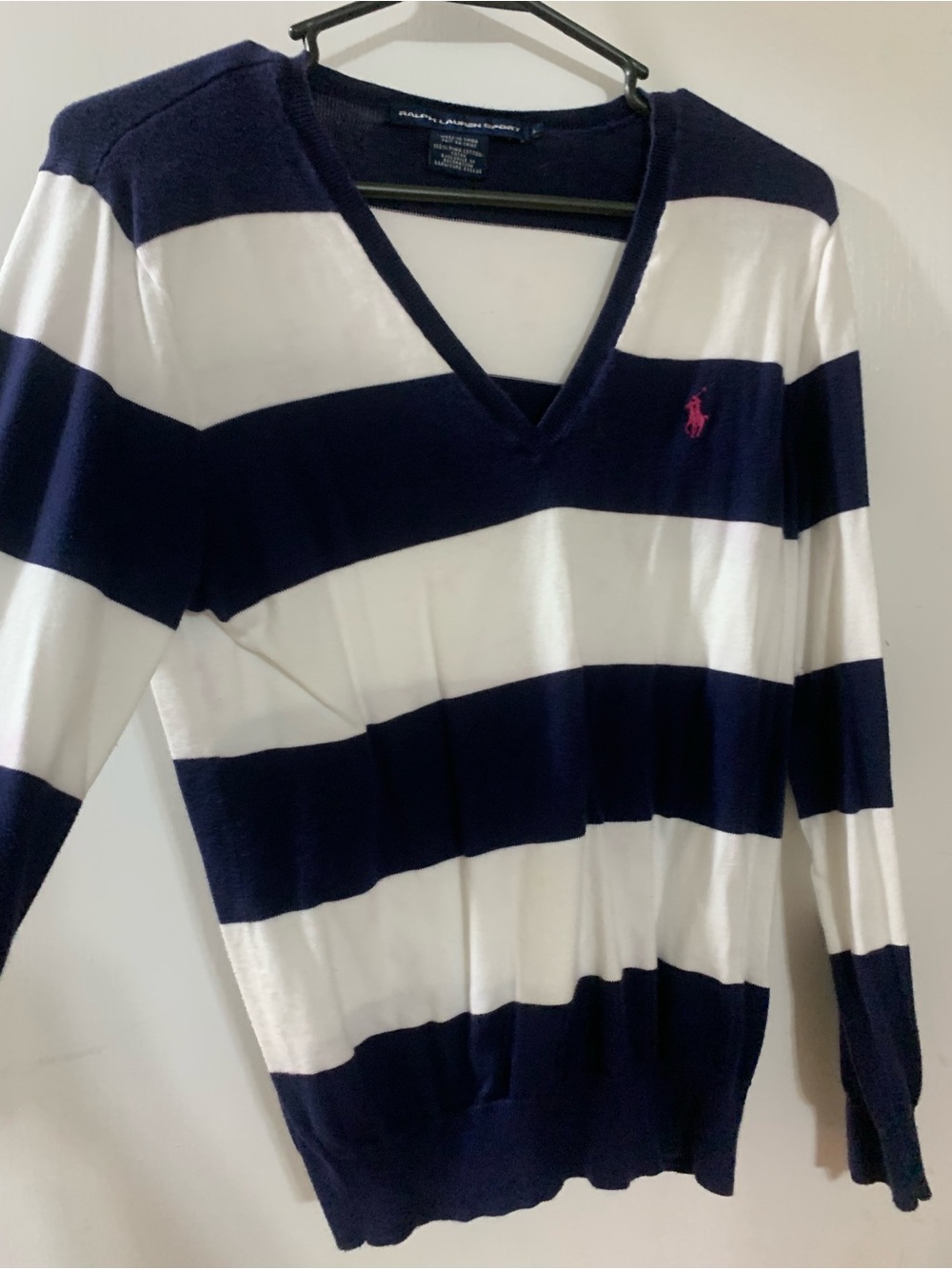 Ralph Lauren Navy and White Striped V-Neck Sweater with Pink Polo Logo